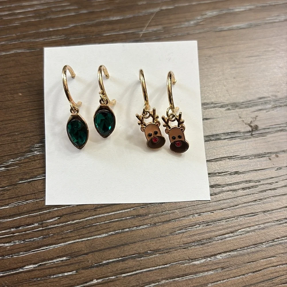 Holiday hoop earrings, Christmas reindeer,  set of two pierced earrings